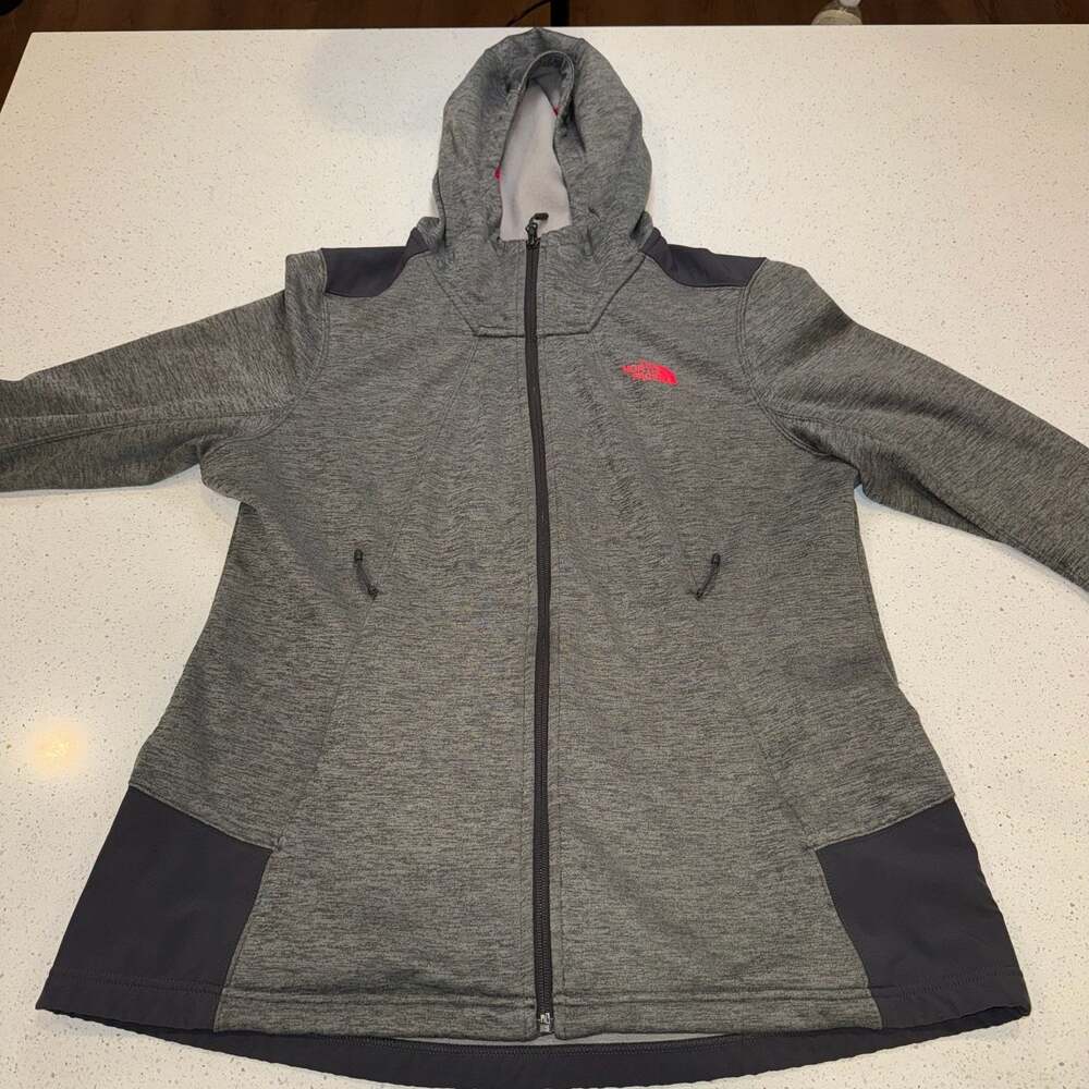 The North Face Women's Heathered Gray Full Zip Hoodie Contrast Panels Pink Logo
